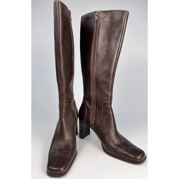 Anne Klein Shoes - AK Anne Klein Boots Womens 6M Brown Leather Knee High Block Heel Y2K Tall